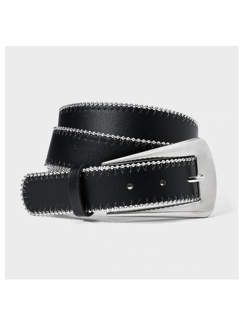 Black Leather Belt with Silver Stitch Detail